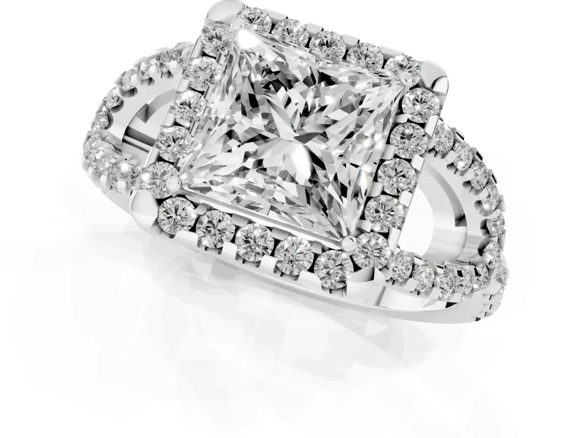 Princess Cut Cut Diamond Halo Engagement Ring with Open Split Pavé Band Platinum