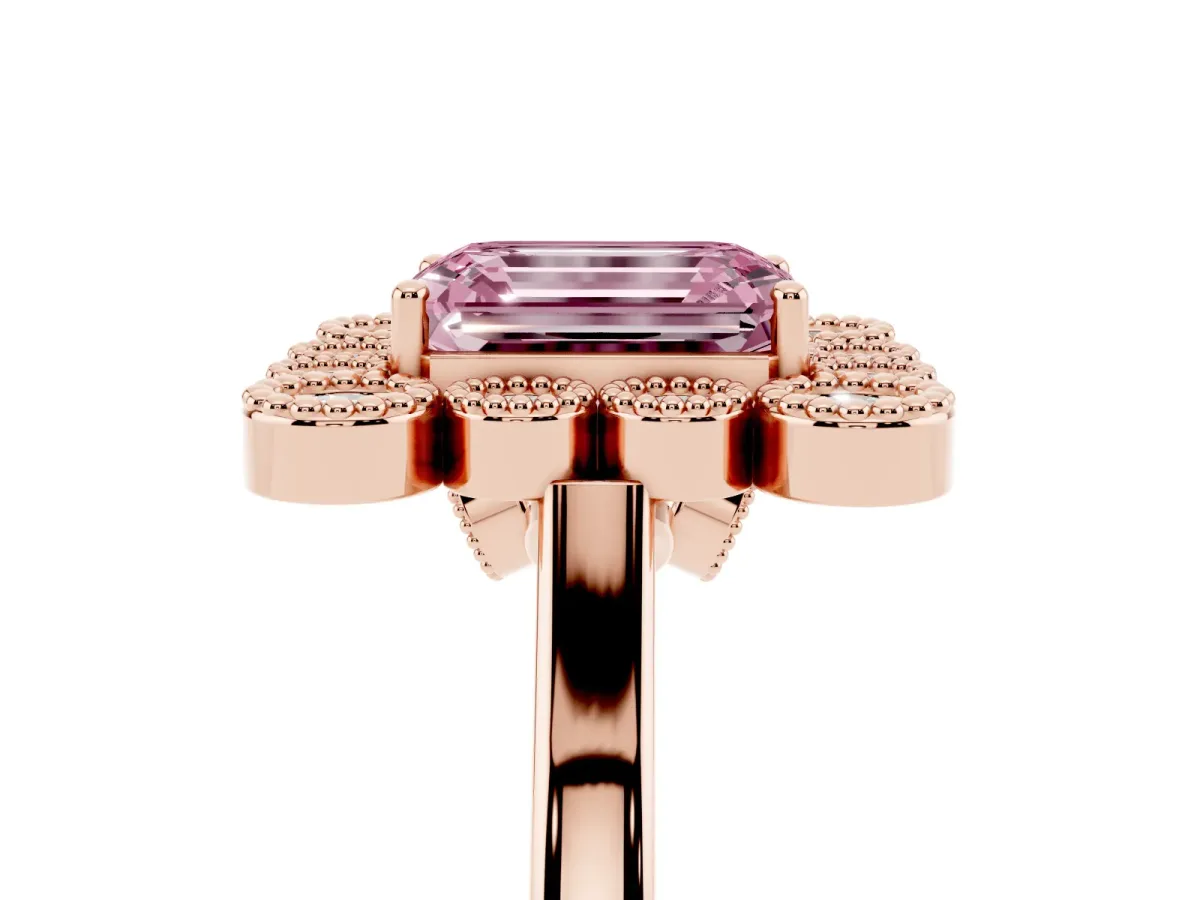 Fancy Pink Emerald Cut Halo Diamond Cluster Engagement Ring with Milgrain Bezel Setting and Solitaire Band Rose gold