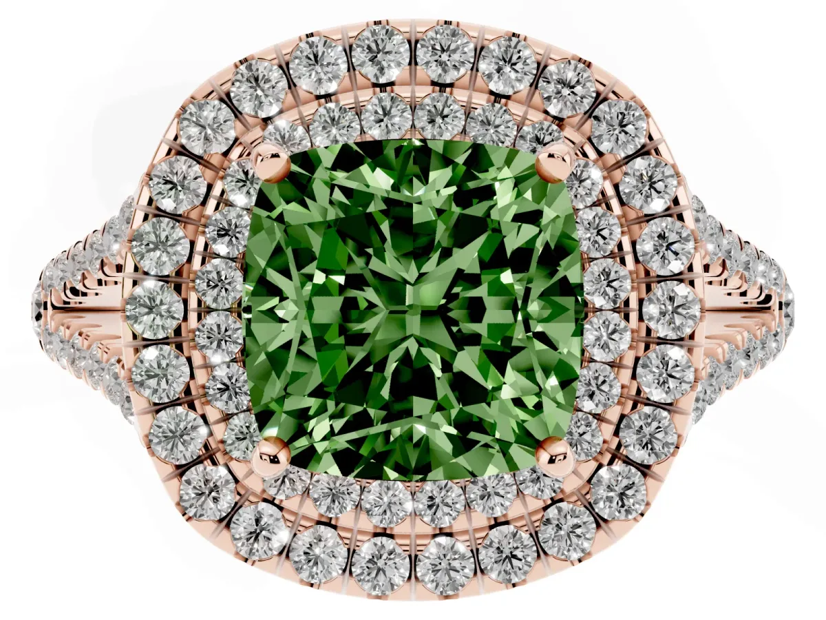 Fancy Green Cushion Cut Diamond Double Halo Ring with Pavé Band and Prong Setting Rose gold