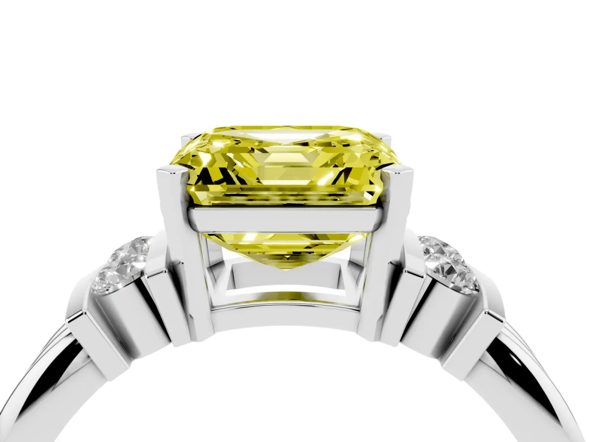 Fancy Yellow Asscher Cut Cut Three-Stone Channel Set Ring with Bar Prongs Silver