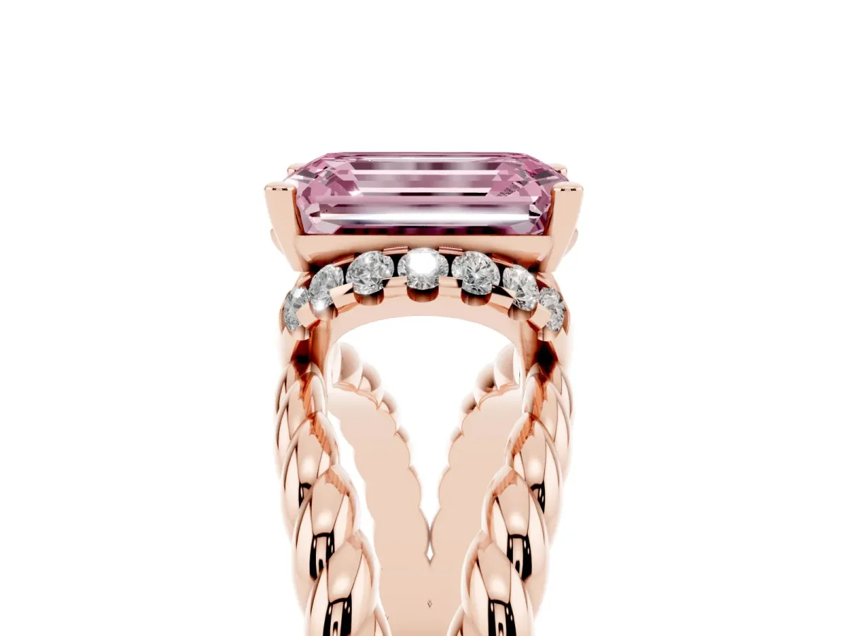 Fancy Pink Emerald Cut Halo Twisted Band Four-Prong Ring Rose gold