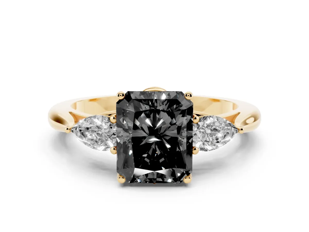 Fancy Black Radiant Cut Diamond Three-Stone Ring with Pear Side Stones and Prong Setting Yellow gold