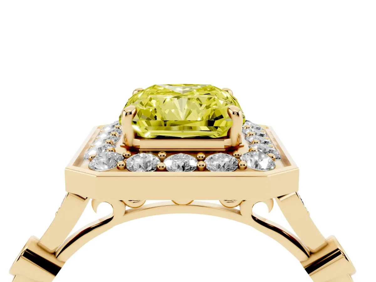 Fancy Yellow Radiant Cut Halo Diamond Engagement Ring with Twisted Band and Four-Prong Setting Yellow gold
