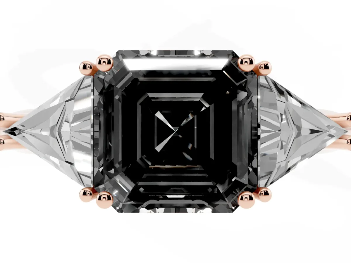Fancy Black Three-Stone Asscher Cut Diamond Engagement Ring with Trillion Side Stones and Prong Setting Rose gold