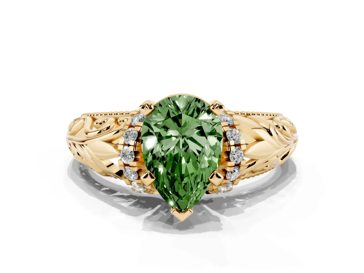 Fancy Green Pear Cut Solitaire Filigree Engagement Ring with Halo and Prong Setting Yellow gold