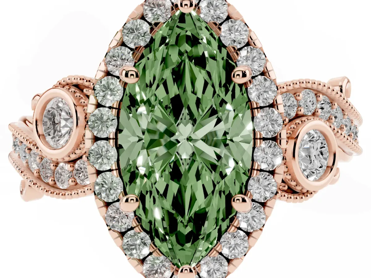 Fancy Green Marquise Cut Halo Diamond Ring with Milgrain and Bezel Accents on a Split Shank Band Rose gold