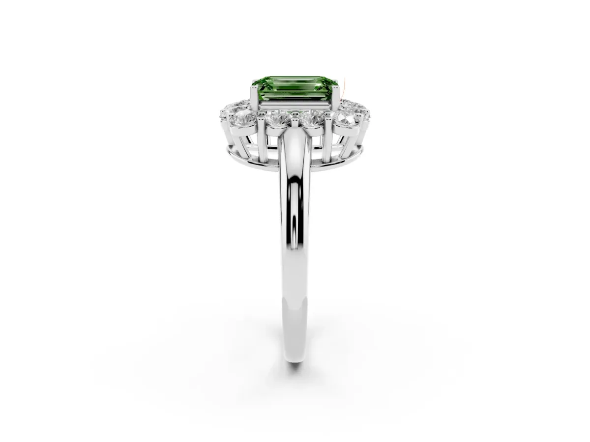 Fancy Green Emerald Cut Halo Cluster Diamond Engagement Ring with Prong Setting and Polished Band Platinum