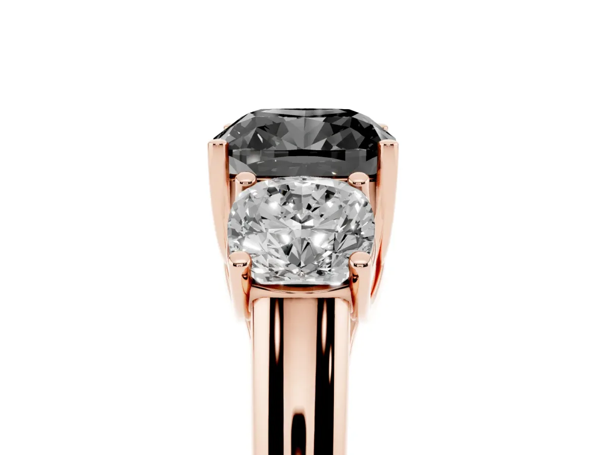 Fancy Black Three-Stone Cushion Cut Diamond Engagement Ring with Prong Setting Rose gold