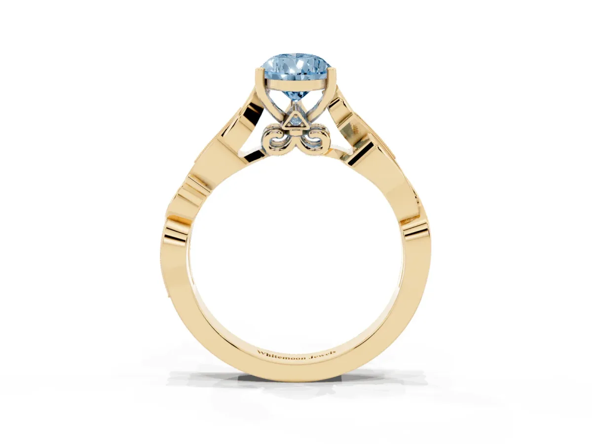 Fancy Blue Pear Cut Solitaire Vine Band with Milgrain Prong Setting Yellow gold
