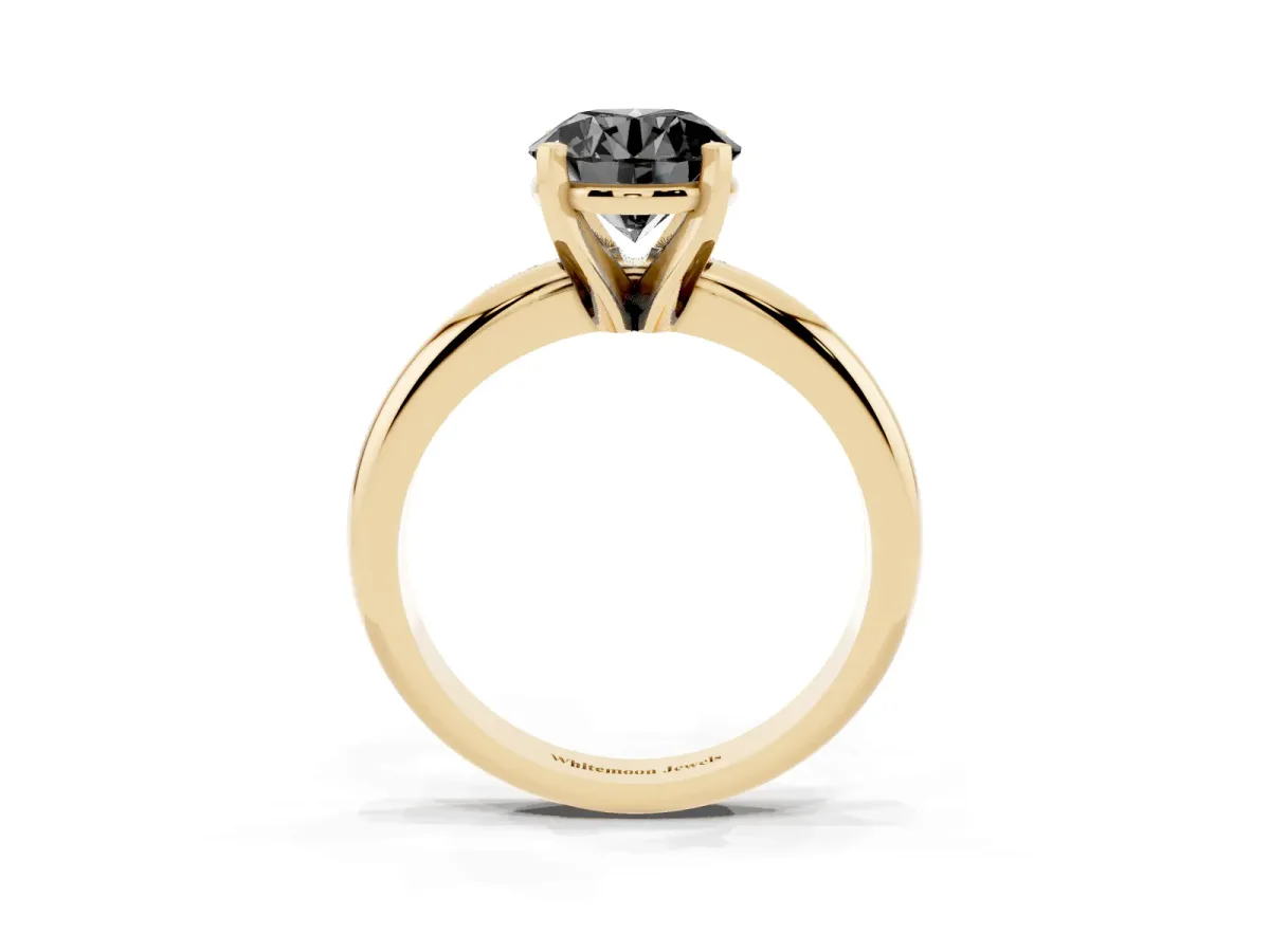 Fancy Black Round Cut Diamond Solitaire Engagement Ring with Round Band and Four-Prong Setting Yellow gold