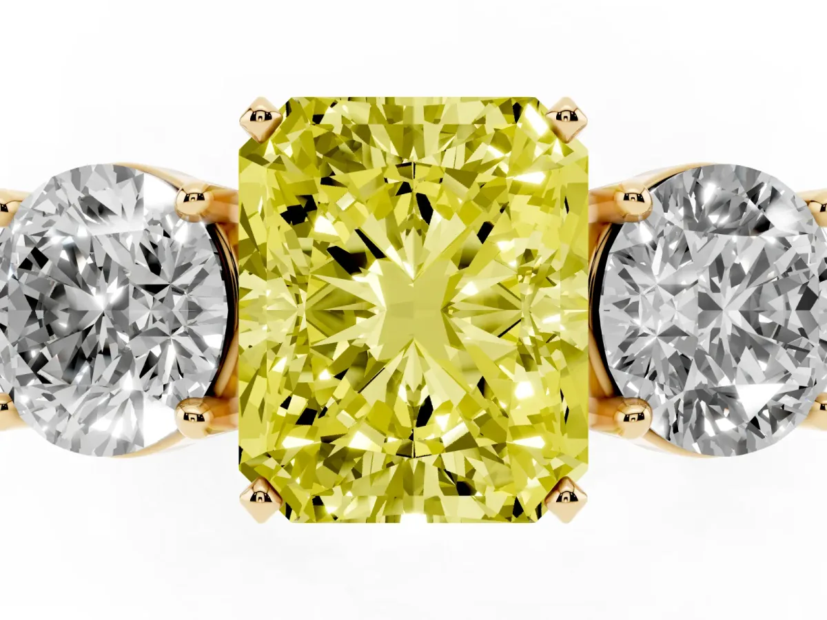 Fancy Yellow Three-Stone Radiant Cut Diamond Ring with Round Side Stones, Classic Band, and Four-Prong Setting Yellow gold