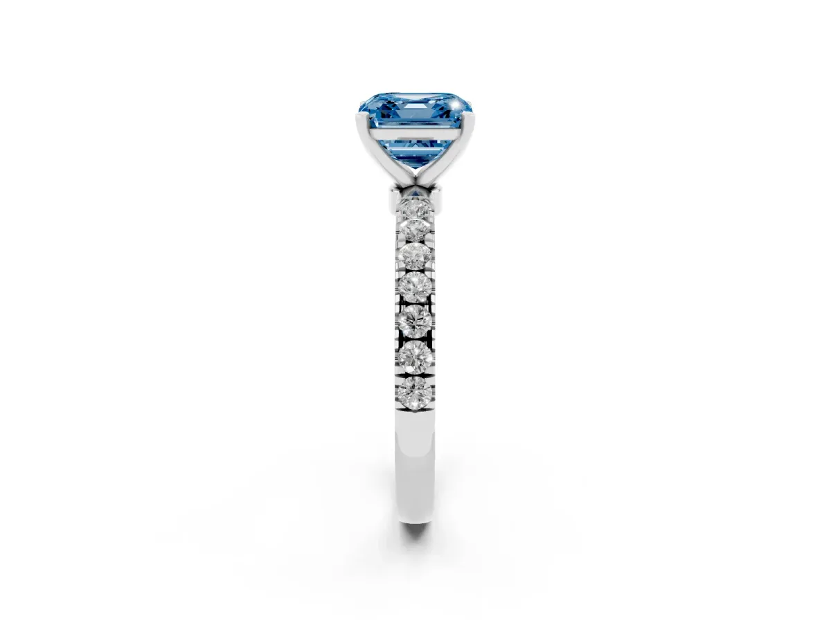 Fancy Blue Asscher Cut Diamond Solitaire Ring with Pavé Accents and Four-Prong Setting Platinum