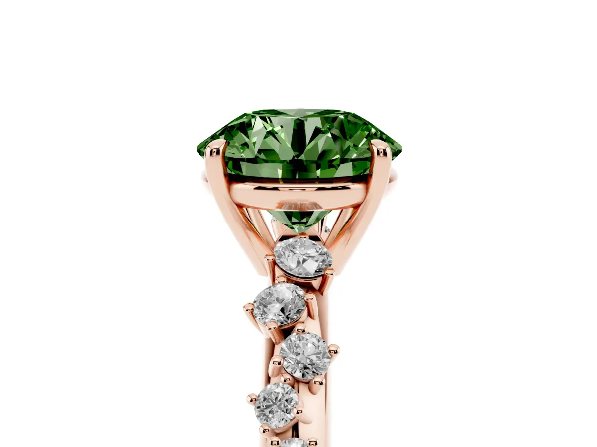 Fancy Green Round Cut Diamond Cluster Side Stone Solitaire Ring with Prong Setting Rose gold