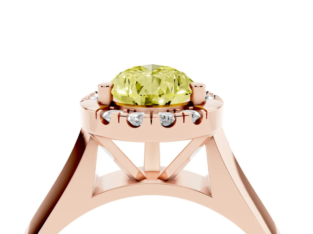 Fancy Yellow Pear Cut Cut Halo Solitaire Engagement Ring with Square Band and Four-Prong Setting Rose gold