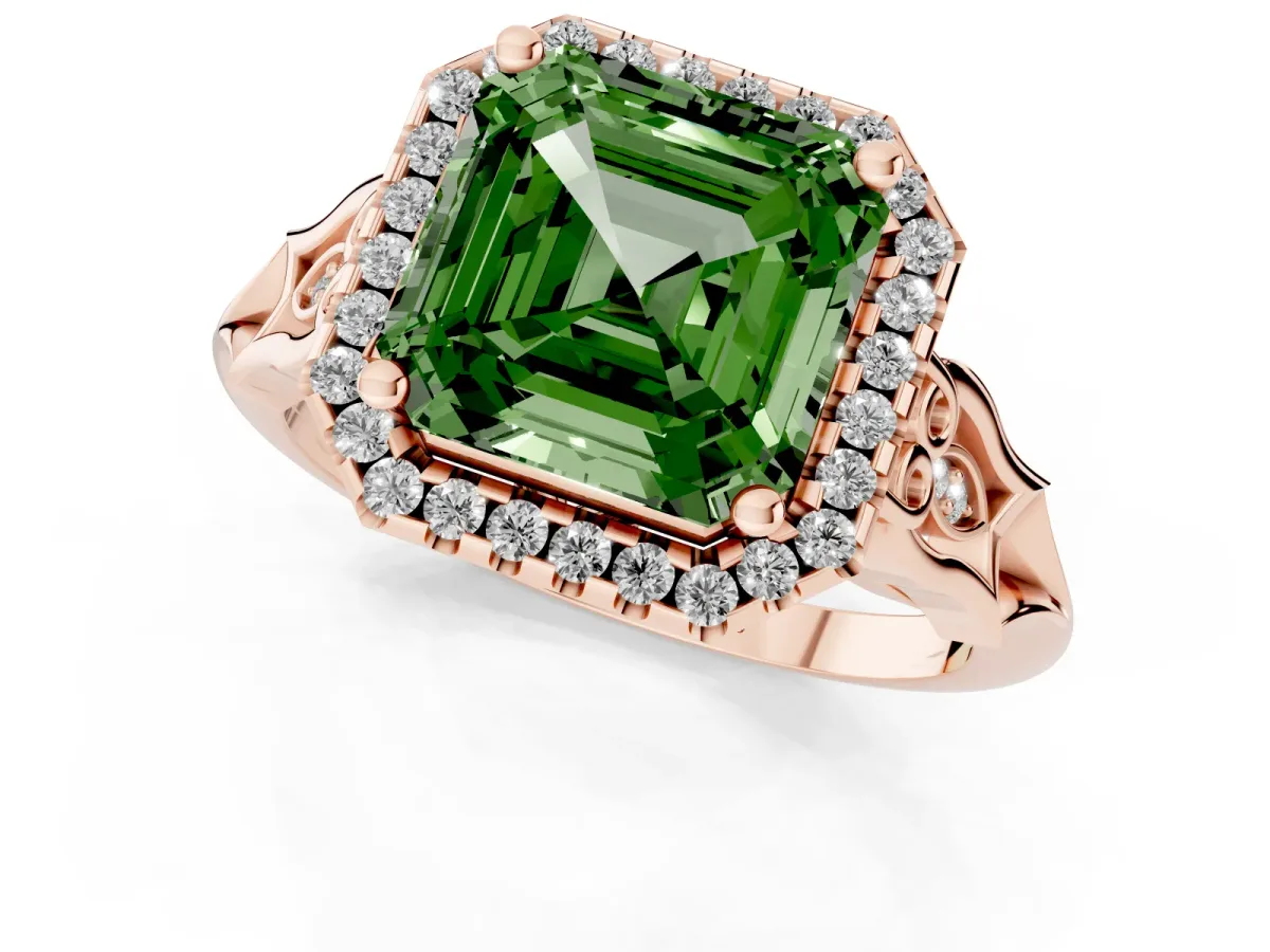 Fancy Green Asscher Cut Halo Diamond Engagement Ring with Filigree Band and Four-Prong Setting Rose gold