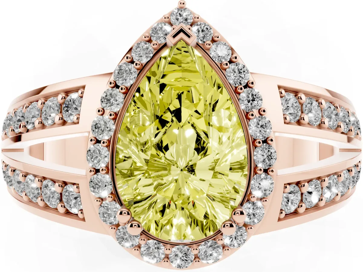 Fancy Yellow Pear Cut Diamond Halo Ring with Split Shank Pavé Band and Four-Prong Setting Rose gold