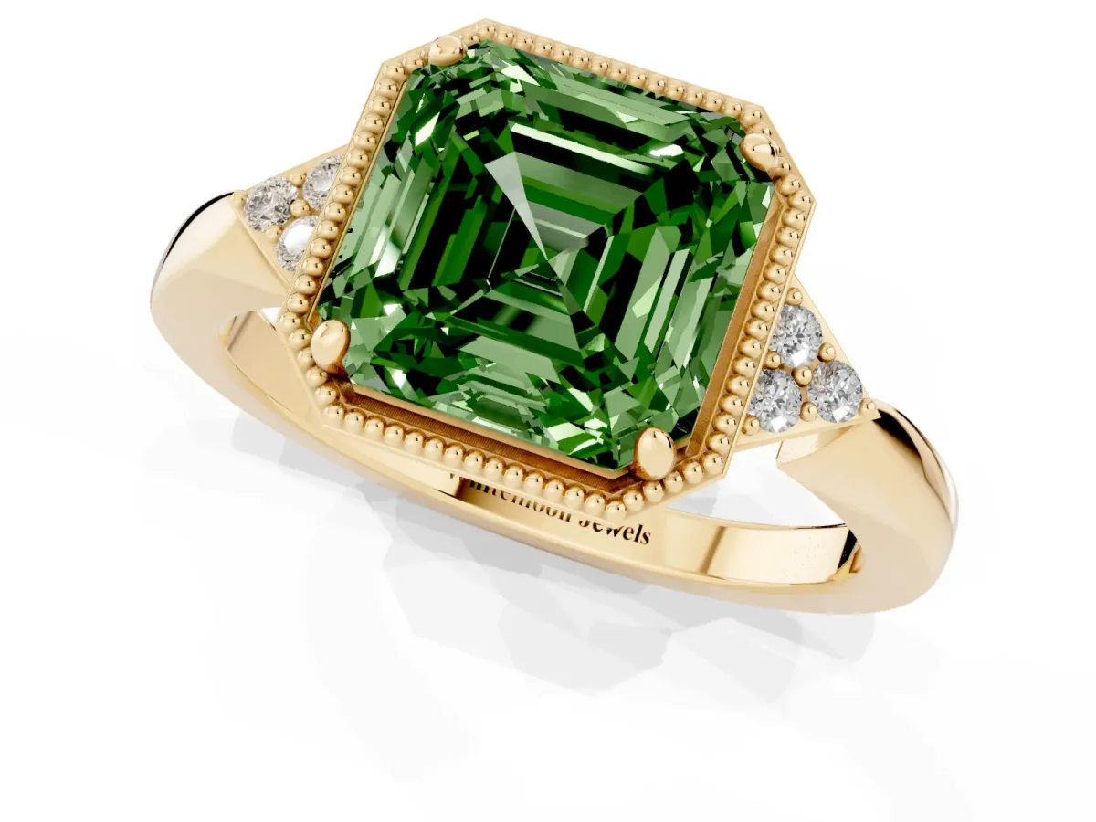 Fancy Green Asscher Cut Diamond Halo Ring with Tapered Band and Four-Prong Setting Yellow gold