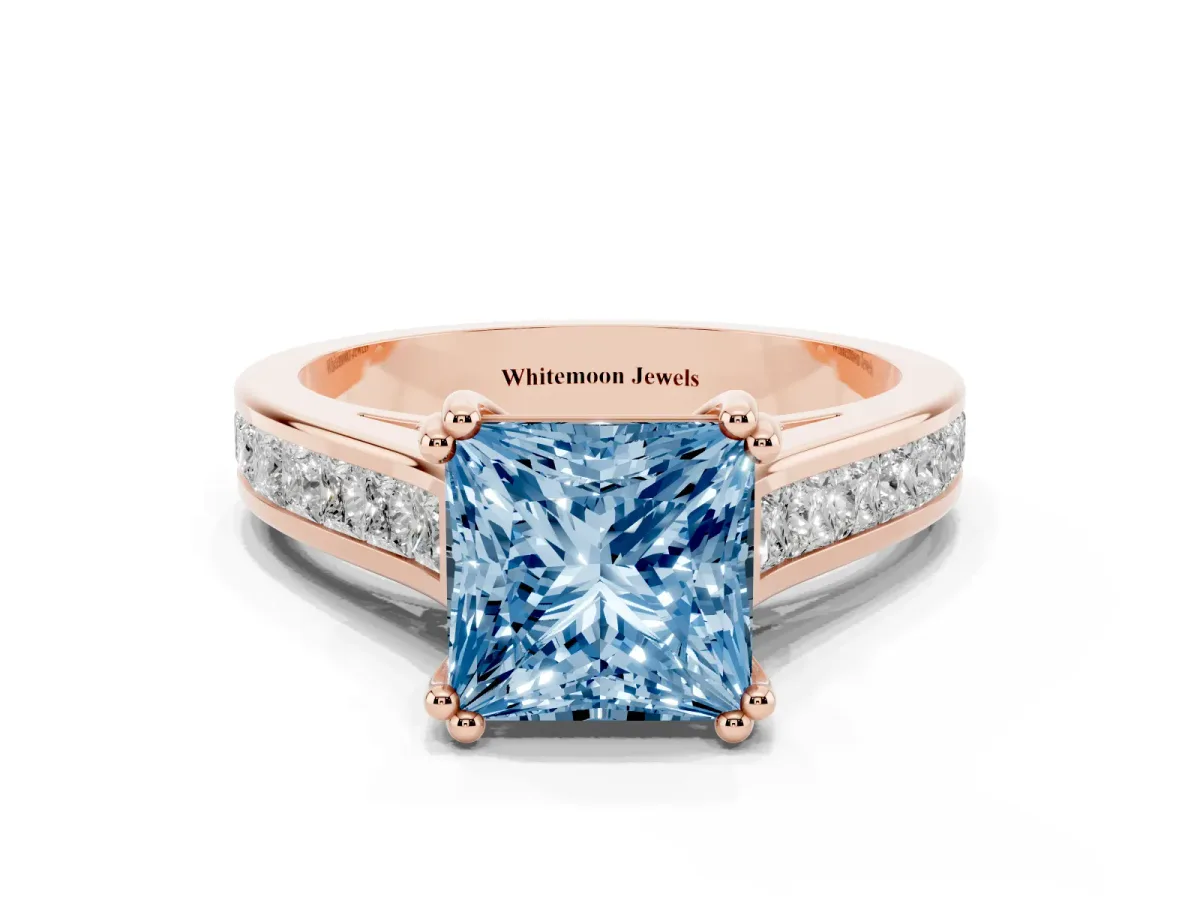 Fancy Blue Princess Cut Cut Channel Set Solitaire Engagement Ring with Prong Setting Rose gold