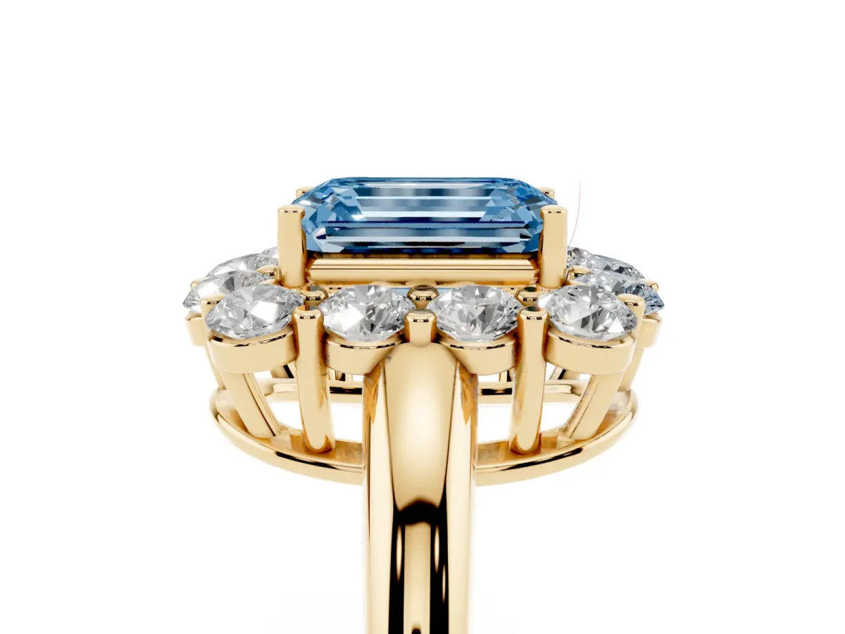 Fancy Blue Emerald Cut Halo Cluster Diamond Engagement Ring with Prong Setting and Polished Band Yellow gold