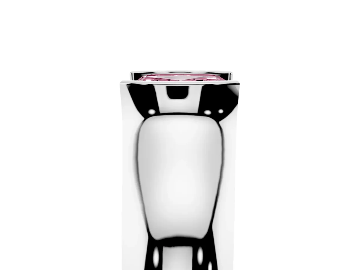 Fancy Pink Asscher Cut Solitaire Bezel Set Diamond Ring with Wide Band Silver