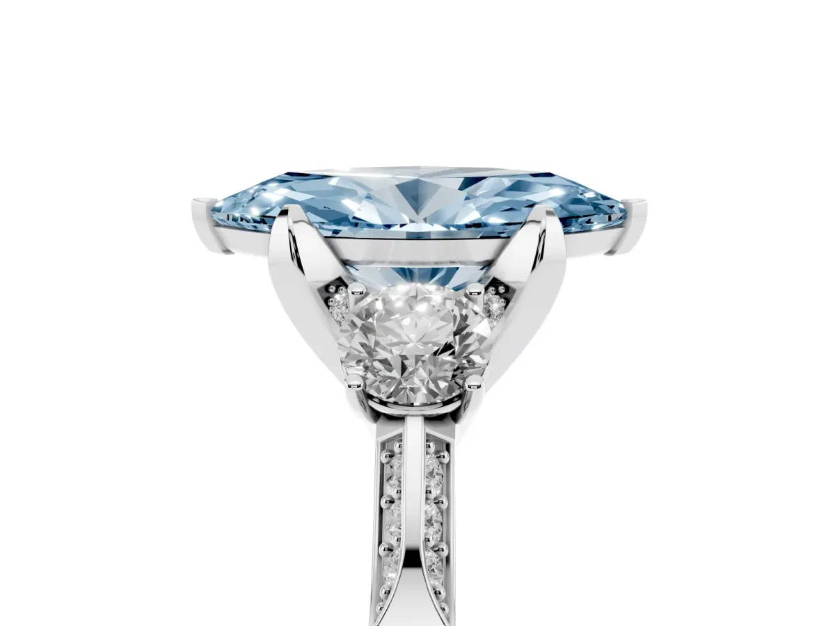 Fancy Blue Marquise Cut Brilliant Three-Stone Diamond Ring with Pavé Band and Four-Prong Setting Silver