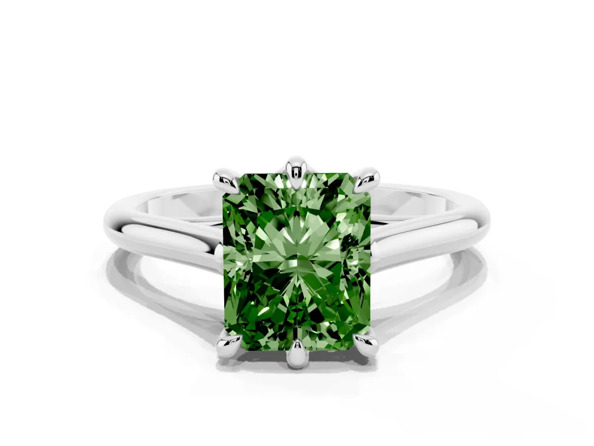 Fancy Green Radiant Cut Solitaire Engagement Ring with Six-Prong Setting and Classic Band Platinum