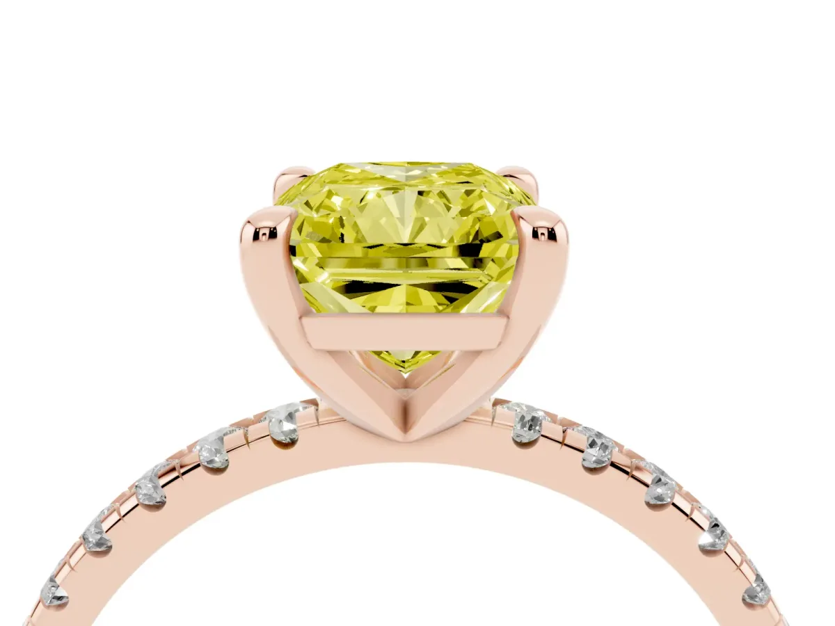 Fancy Yellow Radiant Cut Diamond Brilliant Solitaire Ring with Pavé Band and Four-Prong Setting Rose gold