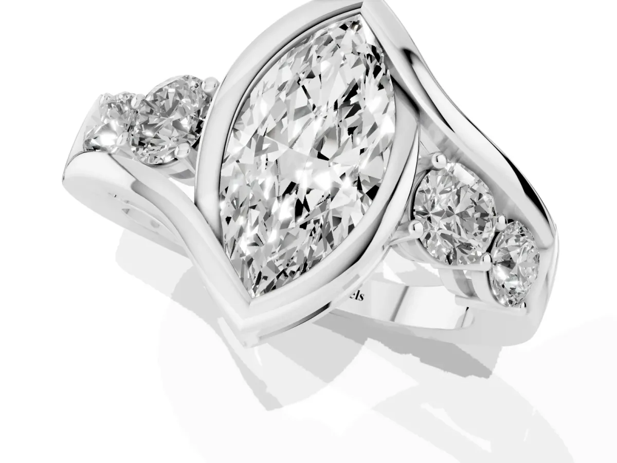 Bezel Set Marquise Cut Diamond Bypass Ring with Round Accents Silver