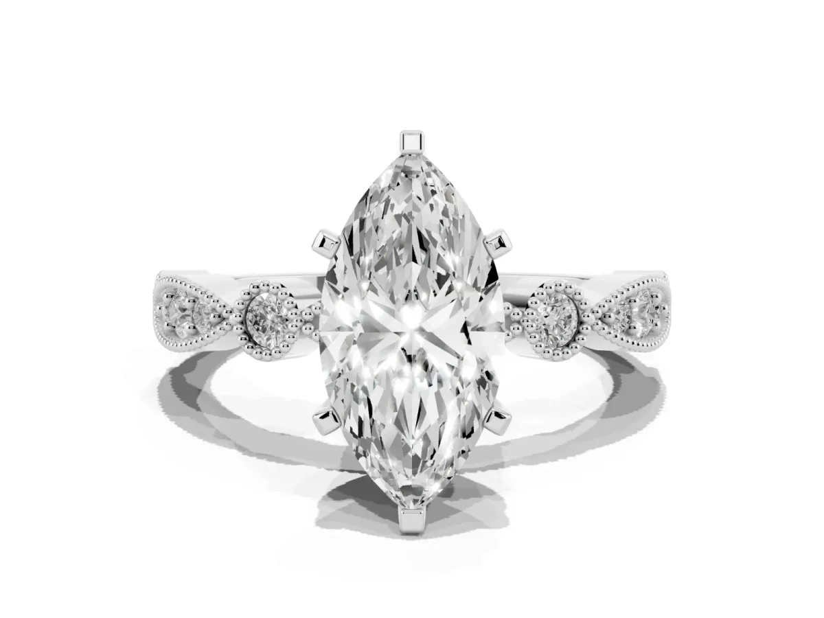 Marquise Cut Milgrain Bezel Diamond Engagement Ring with Solitaire Prong Setting Silver