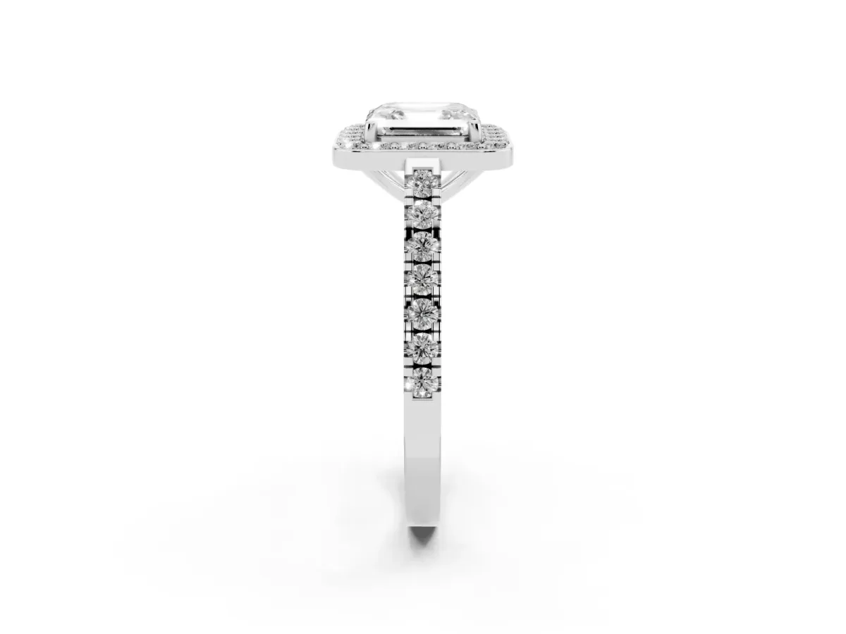 Asscher Cut Diamond Halo Ring with Round Pavé Split Shank and Prong Setting Silver