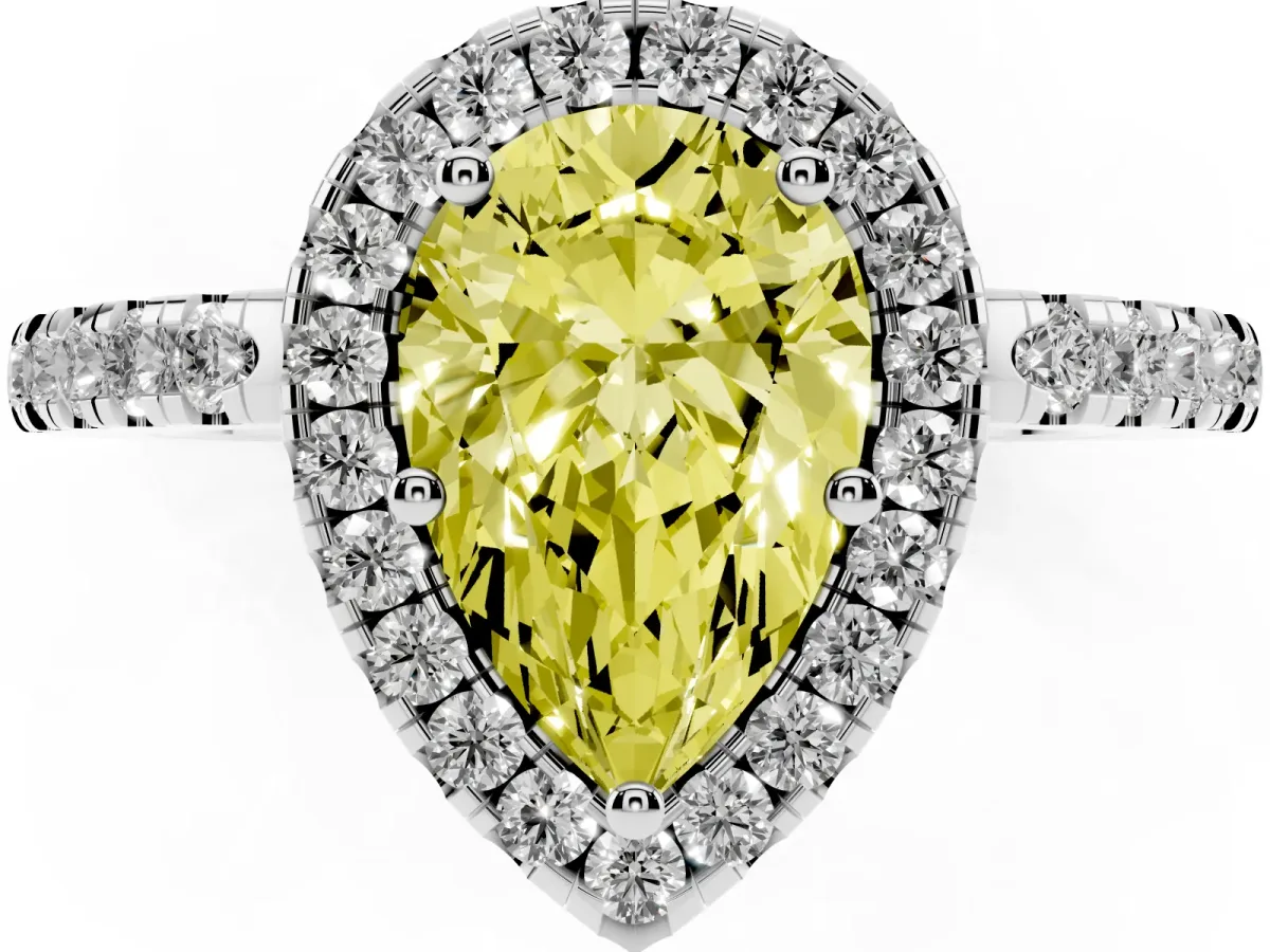 Fancy Yellow Pear Cut Halo Diamond Engagement Ring with Pavé Band and Four-Prong Setting White gold