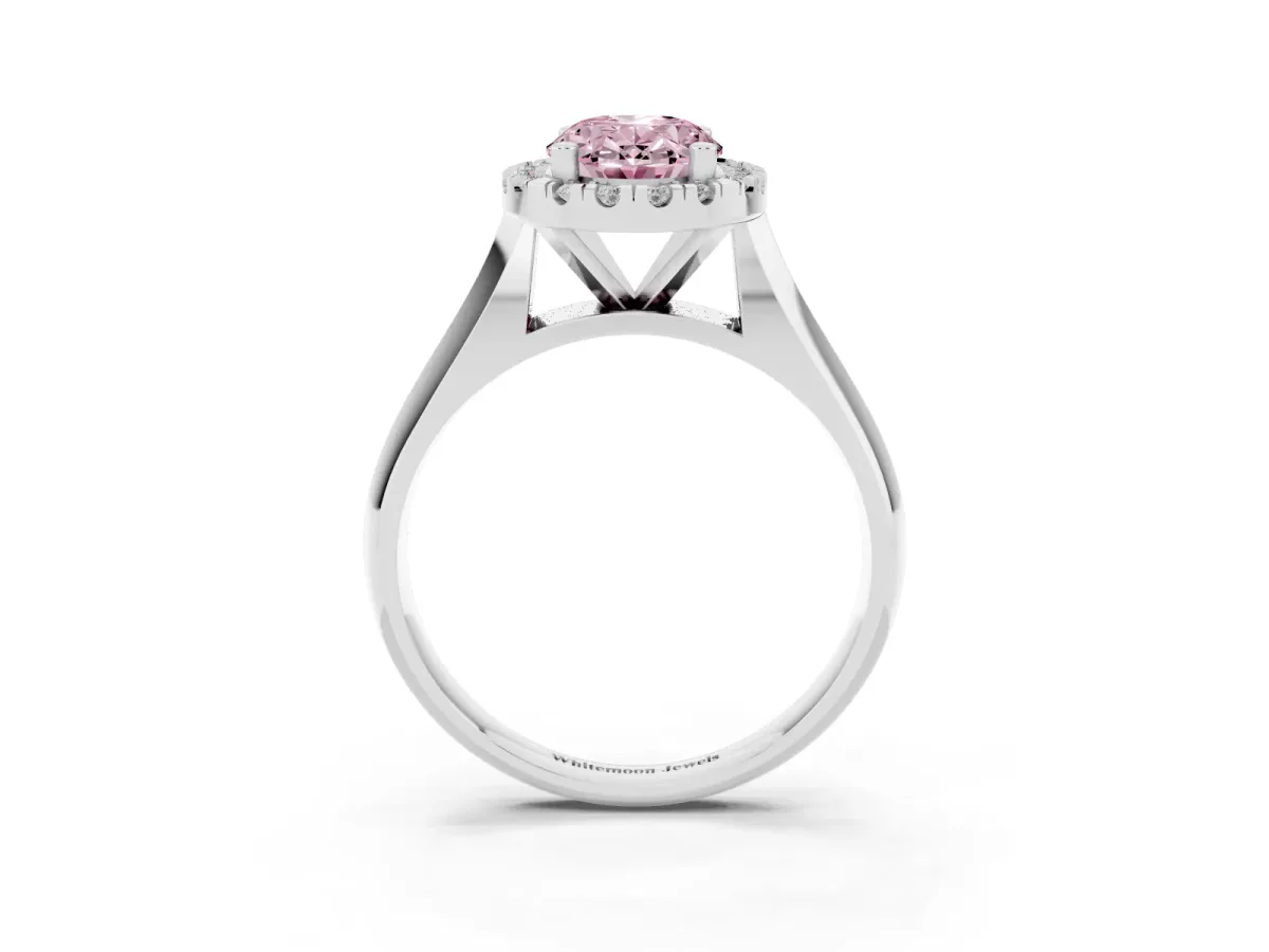 Fancy Pink Oval Cut Cut Halo Solitaire Engagement Ring with Square Band and Four-Prong Setting Silver