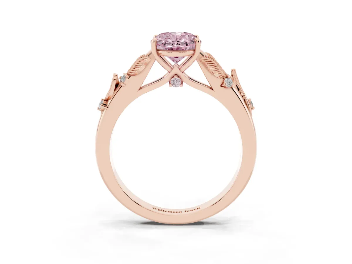 Fancy Pink Oval Cut Diamond Solitaire Ring with Leaf Motif Band and Four-Prong Setting Rose gold
