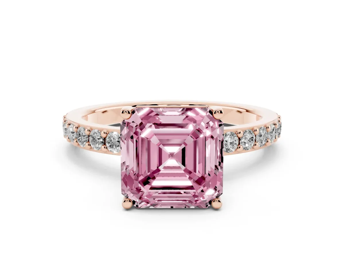 Fancy Pink Asscher Cut Cut Diamond Solitaire with Pave Band and Four-Prong Setting Rose gold