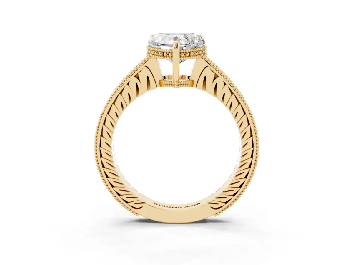 Heart Cut Solitaire Pavé Diamond Milgrain Engagement Ring with Four-Prong Setting Yellow gold
