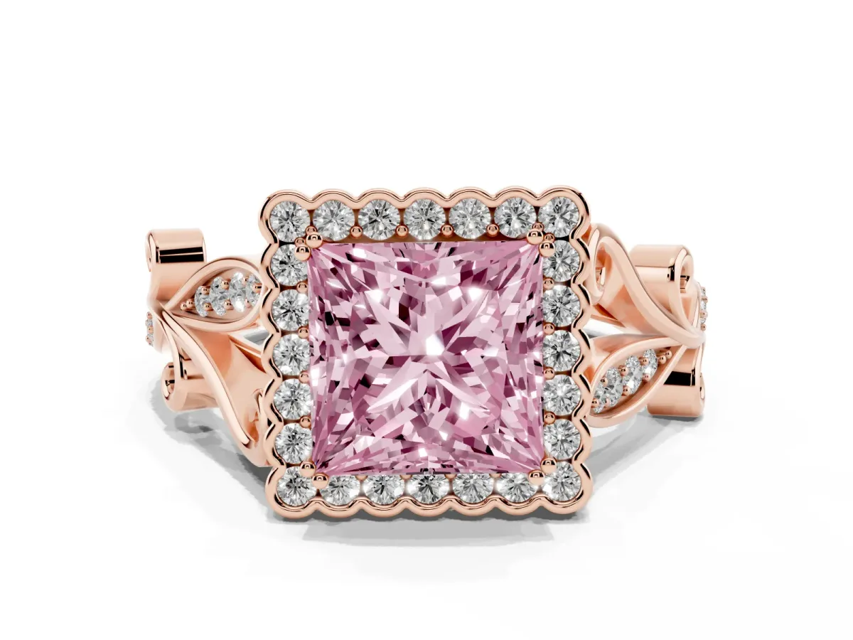Fancy Pink Princess Cut Diamond Halo Ring with Vintage Split Shank and Four-Prong Setting Rose gold