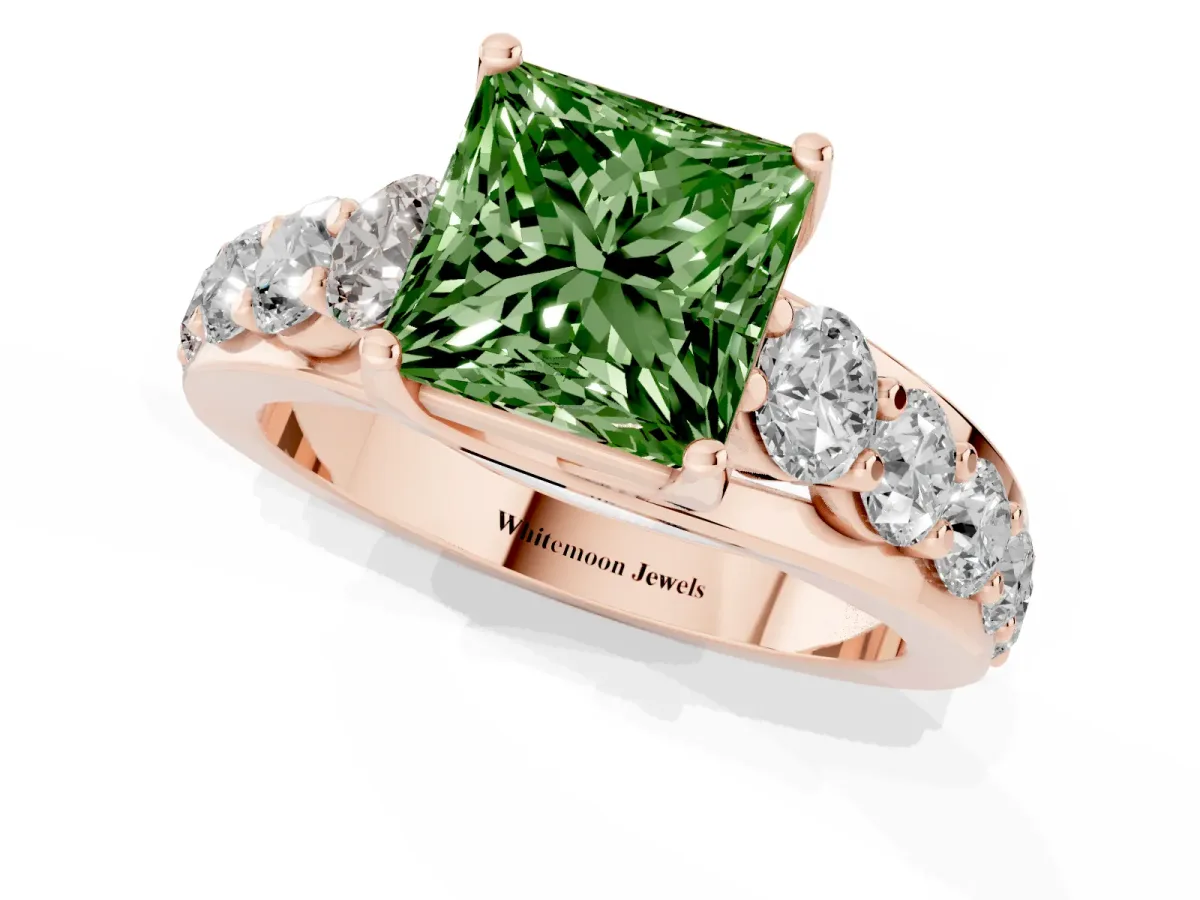 Fancy Green Princess Cut Diamond Engagement Ring with Pavé Band and Four-Prong Setting Rose gold