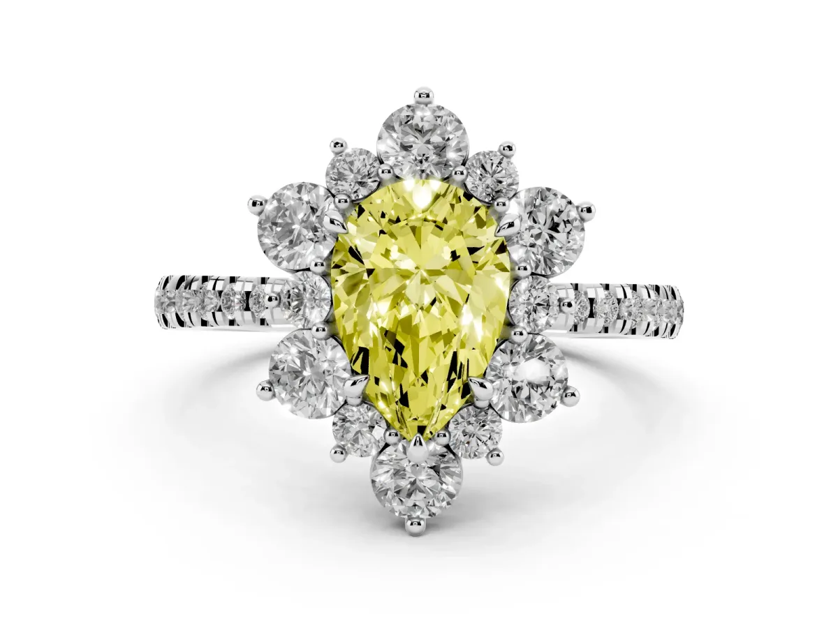 Fancy Yellow Pear Cut Diamond Floral Halo Ring with Round Pavé Band and Prong Setting Silver