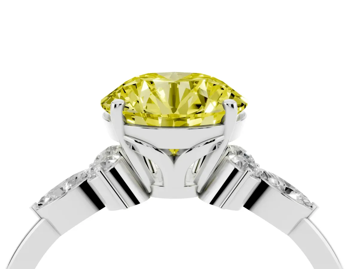 Fancy Yellow Round Cut Brilliant Diamond Solitaire Ring with Pear Side Stones and Four-Prong Setting White gold