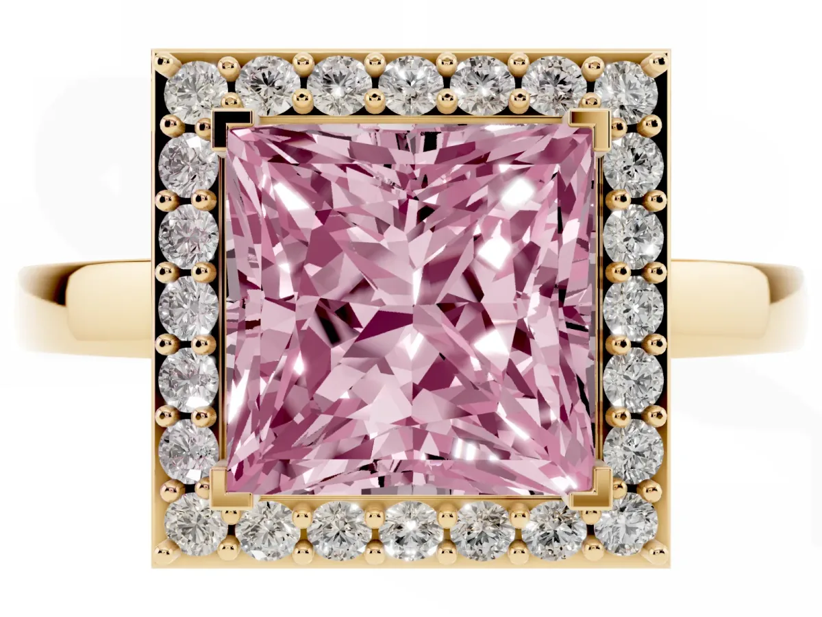 Fancy Pink Princess Cut Halo Diamond Ring with Solitaire Band and Prong Setting Yellow gold