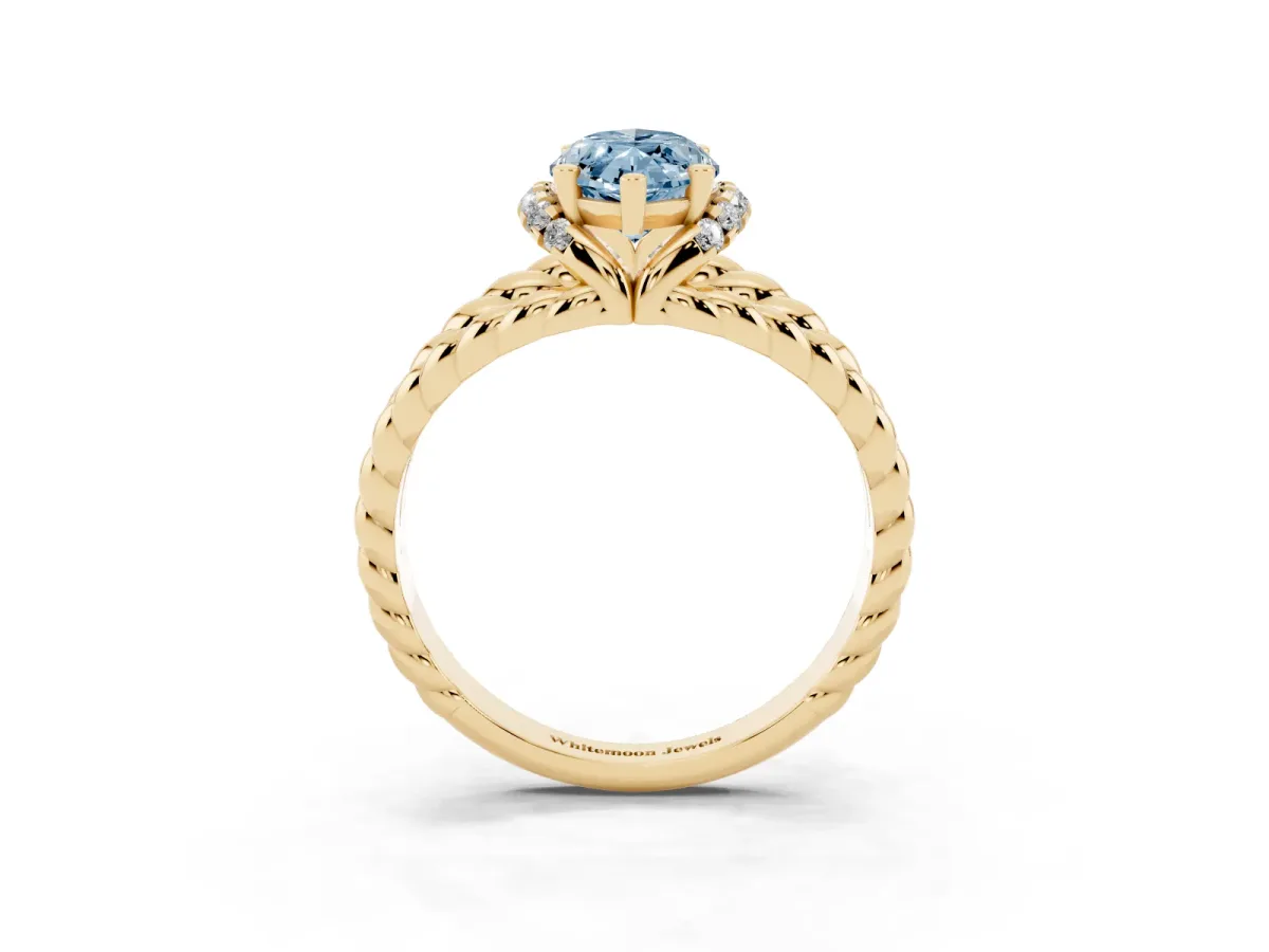 Fancy Blue Marquise Cut Halo Twisted Band Four-Prong Ring Yellow gold