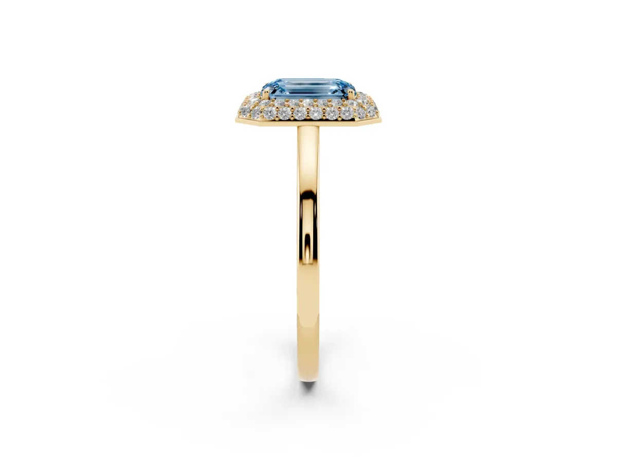 Fancy Blue Emerald Cut Halo Diamond Engagement Ring with Solitaire Band and Four-Prong Setting Yellow gold