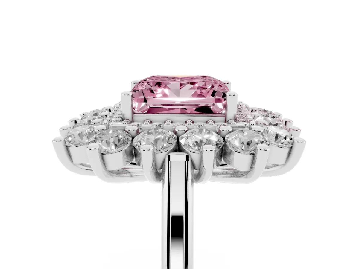Fancy Pink Princess Cut Diamond Floral Double Halo Engagement Ring with Prong Setting Silver