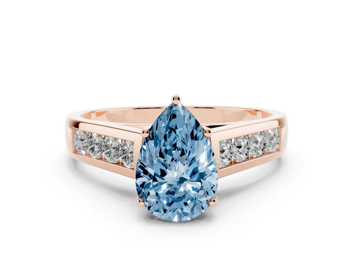 Fancy Blue Pear Cut Solitaire Channel-Set Diamond Engagement Ring with Four-Prong Setting Rose gold