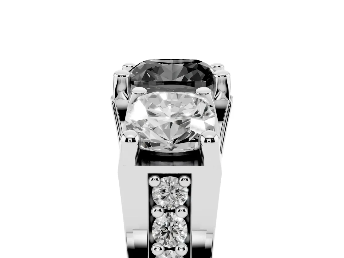 Fancy Black Cushion Cut Diamond Three-Stone Ring with Channel Set Band and Four-Prong Setting Silver