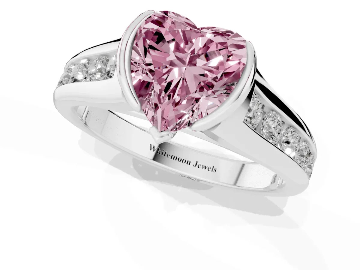 Fancy Pink Heart Cut Solitaire Bezel-Set Diamond Ring with Channel-Set Band Silver