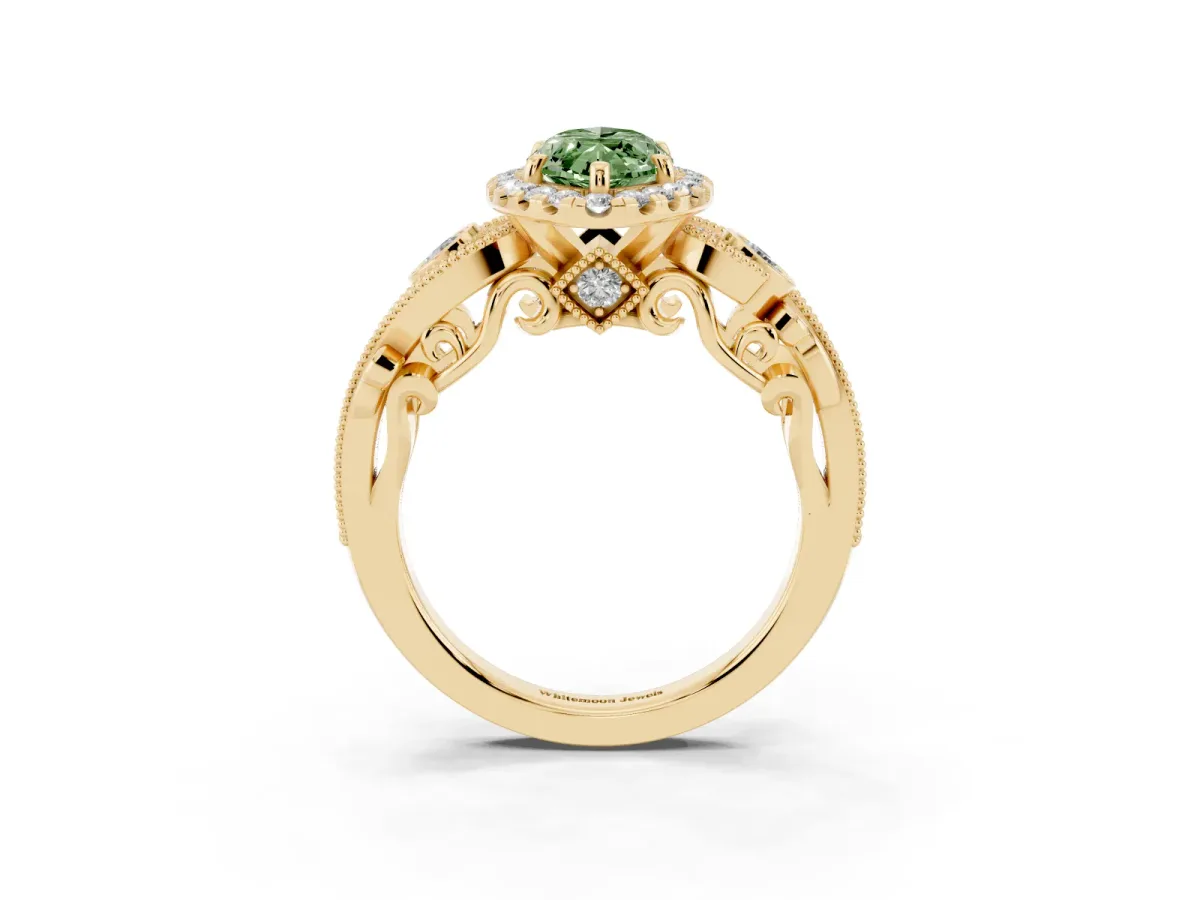 Fancy Green Marquise Cut Diamond Halo Ring with Milgrain Pavé Band and Four-Prong Setting Yellow gold