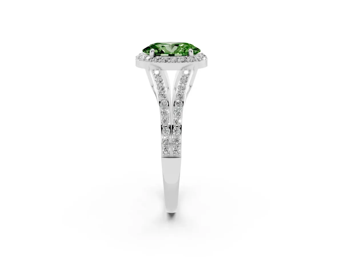 Fancy Green Oval Cut Halo Split Shank Diamond Ring with Prong Setting Silver