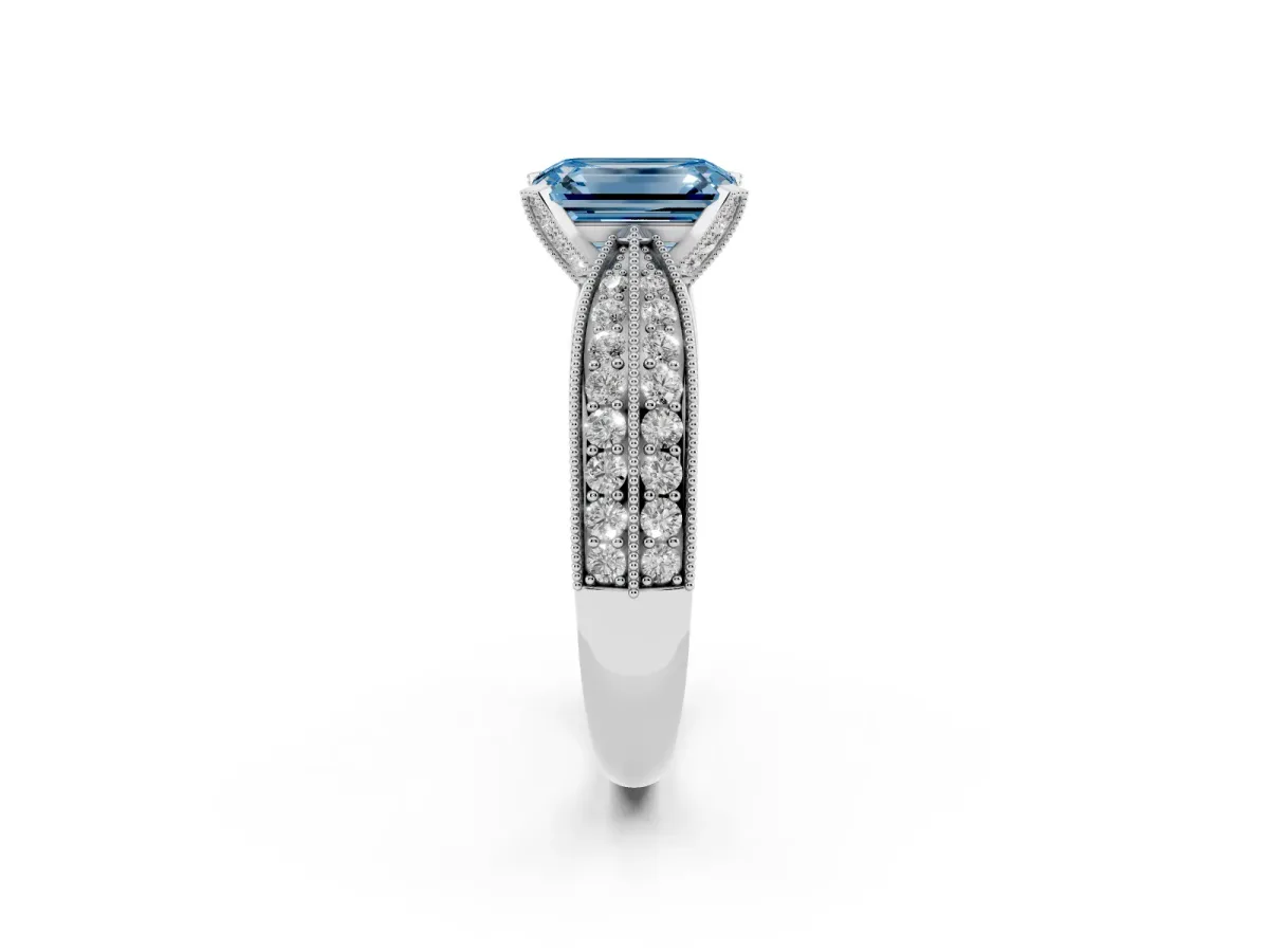 Fancy Blue Emerald Cut Diamond Solitaire Ring with Milgrain Round Pavé Band and Prong Setting Silver