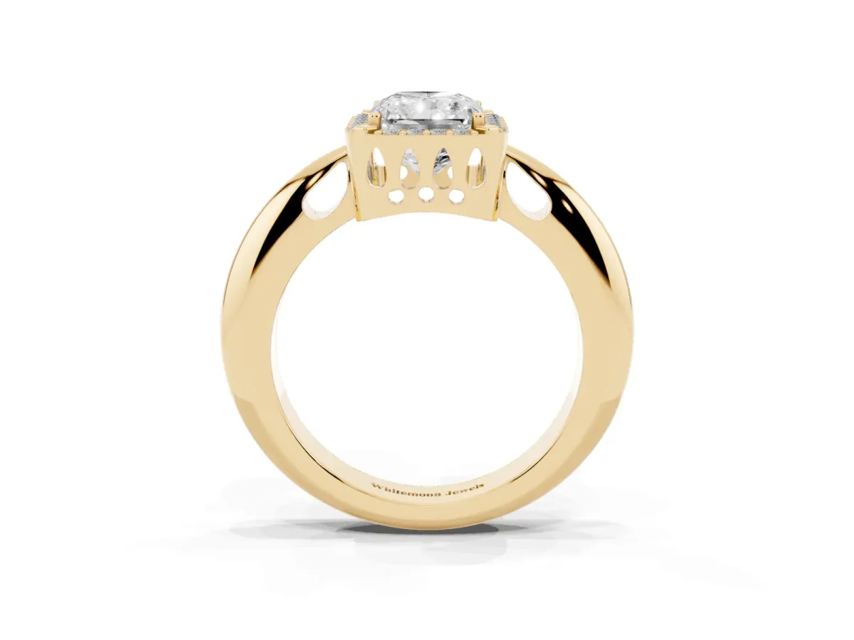 Radiant Cut Cut Diamond Halo Engagement Ring with Split Shank and Four-Prong Setting Yellow gold